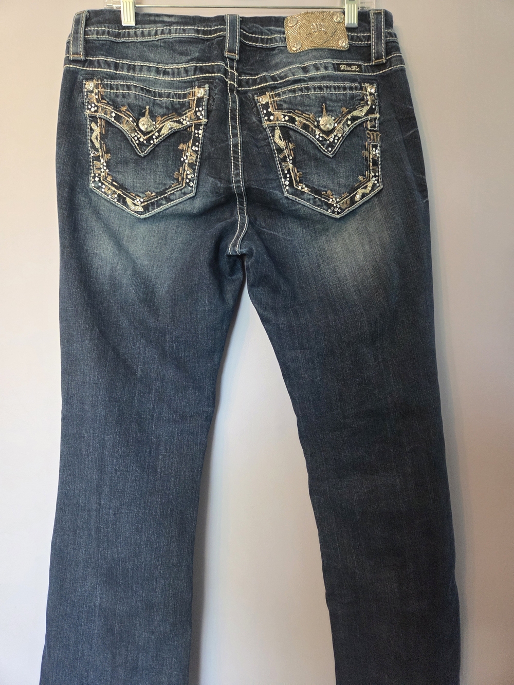 MISS ME Embellished Bootcut Jeans Dark Wash Rhinestone Pockets Curvy Sz 31 EUC